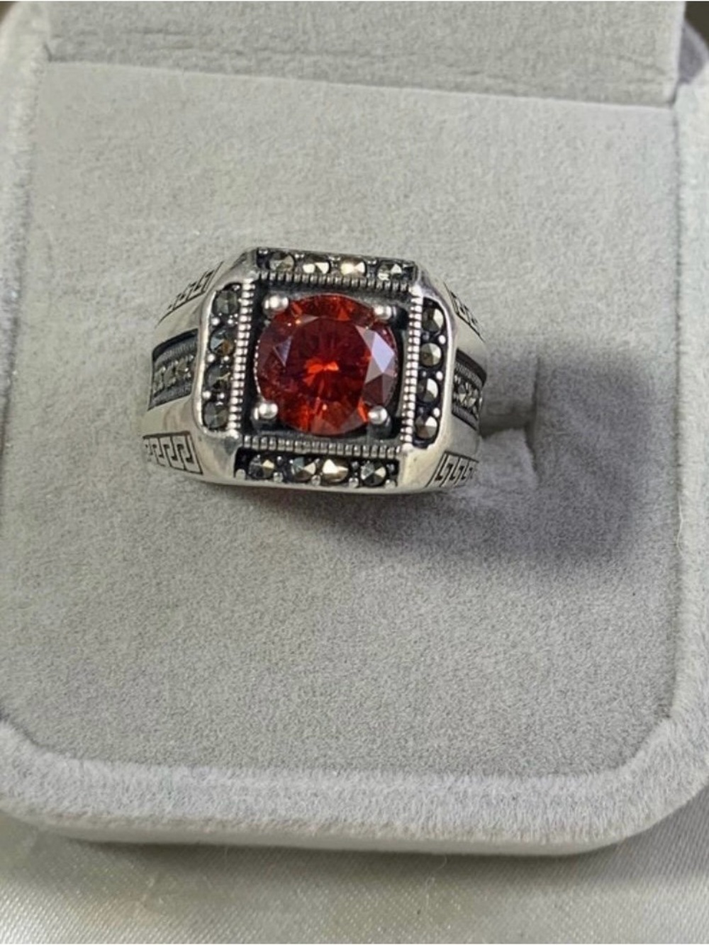 Men's Sterling Silver Mexican Fire Opal?Ring with Marcasite.